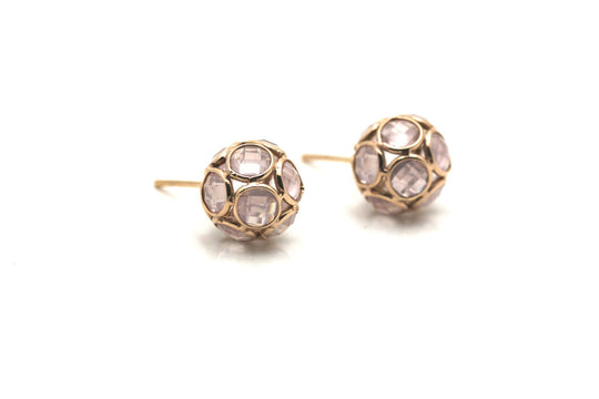 Rose Quartz Origami Sphere Ball Stud Earrings  in 18k Rose Gold