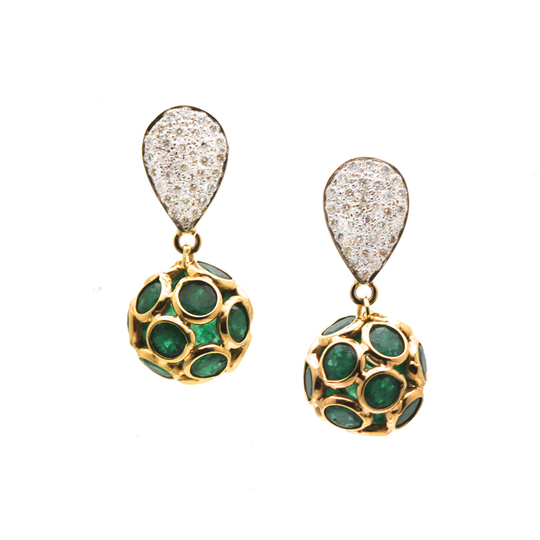 Emerald Origami Sphere Ball Earrings on a Pear Shaped Diamond Pave Top in 18k Yellow Gold