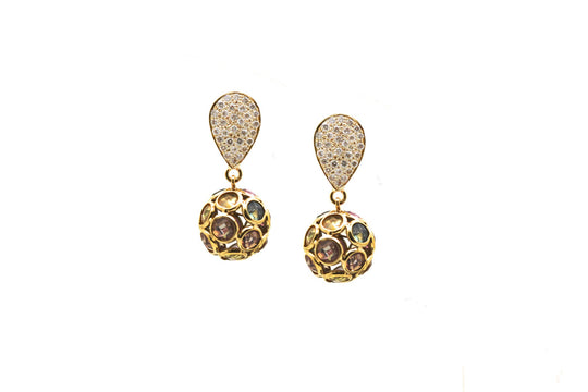 Multicolor Tourmaline Sphere Ball with Diamond Earrings in 18k Yellow Gold