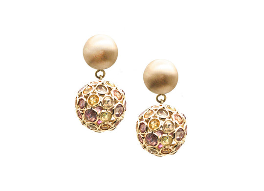 Multi Sapphire Dangling Ball Earring in 18k Yellow Gold