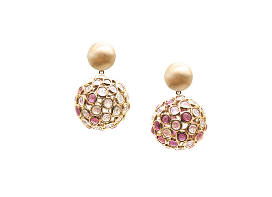 Rainbow Moonstone and Pink Tourmaline Sphere Origami Ball Earrings in 18k Yellow gold
