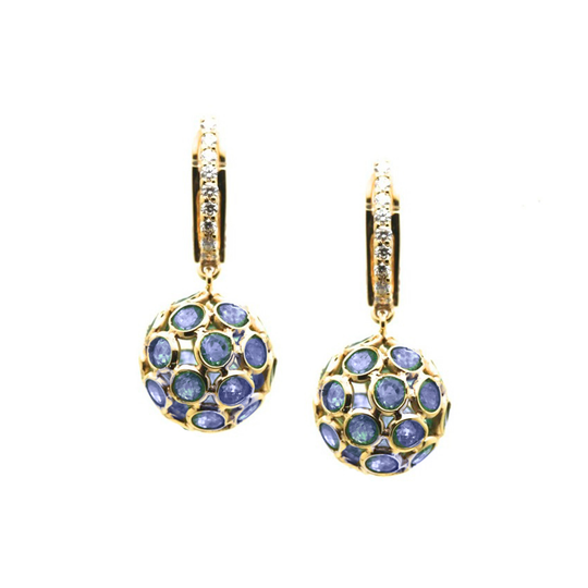Blue Sapphire Origami Sphere Ball Earring with Diamond Huggies in 18k Yellow Gold