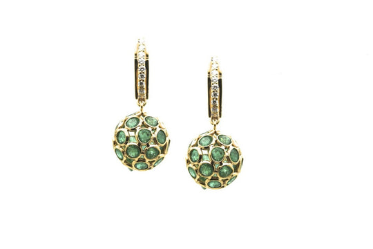 Emerald Origami  Sphere Ball Earring with Diamond Huggies in 18k Yellow Gold
