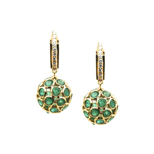 Tresor Collection - Emerald Origami  Sphere Ball Earring with Diamond Huggies in 18k Yellow Gold