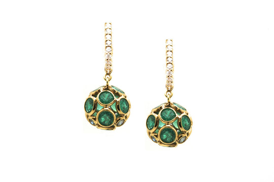 Emerald Origami Sphere Ball Earrings on Diamond Huggies  in 18k Yellow Gold