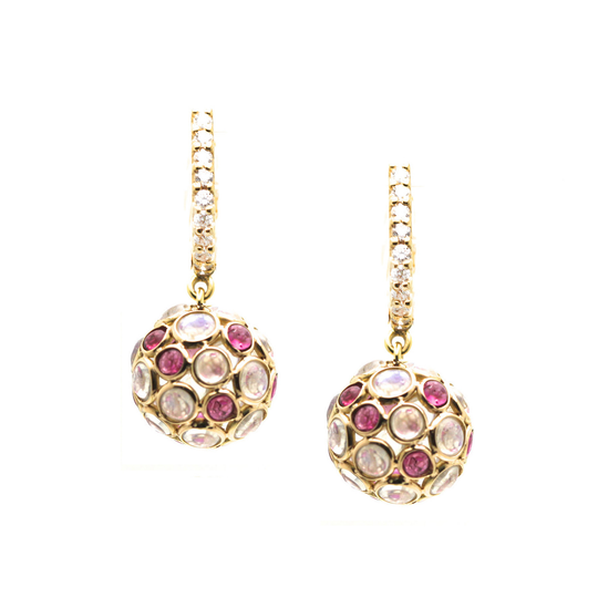 Tresor Collection - Rainbow Moonstone and Pink Tourmaline Origami Sphere Ball Earrings on a Dimaond Huggies in 18K Rainbow Moonstone and Pink Tourmaline