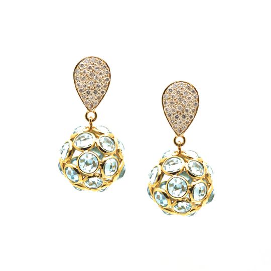 Sky Blue Topaz Origami Sphere  Ball Earring on a Pear shaped  Diamond Pave Top  In 18k Yellow Gold