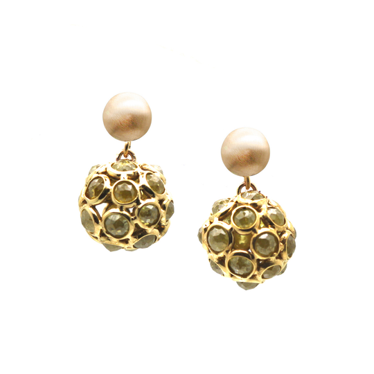 Organic Rose Cut Diamond Origami Sphere Ball  Earring in 18k Yellow Gold