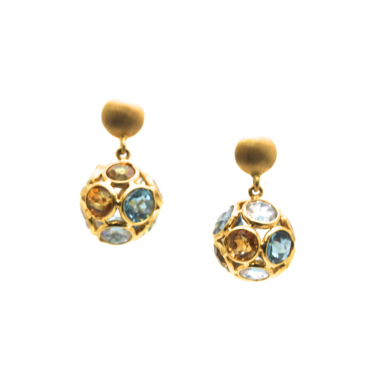 Multicolor Stones Origami Sphere Ball Earring In 18k Yellow Gold