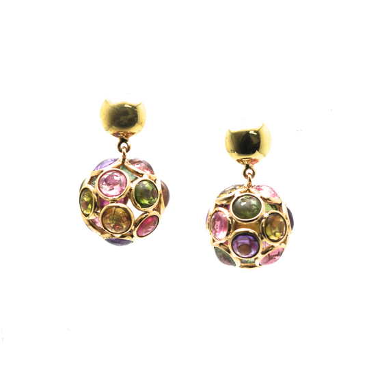 Multicolor Tourmaline Origami Sphere Ball  Earring in 18K Yellow Gold