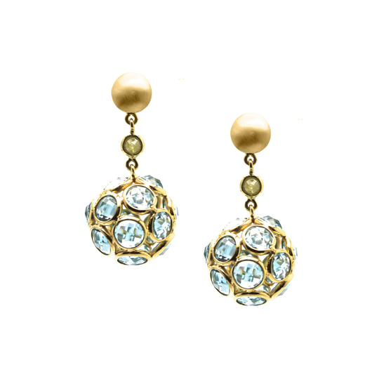 Blue Topaz & Organic Diamond Sphere Ball Earring In 18K Yellow Gold