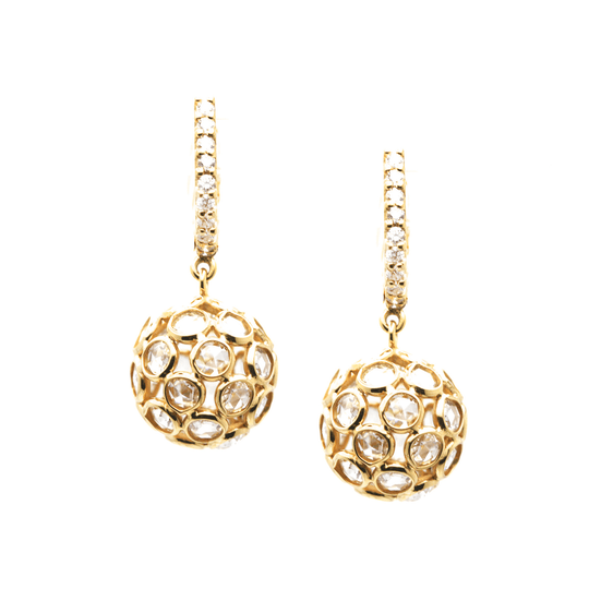 Tresor Collection - Rose Cut Diamond Sphere Ball Earring on a Diamond Huggies In 18K Yellow Gold
