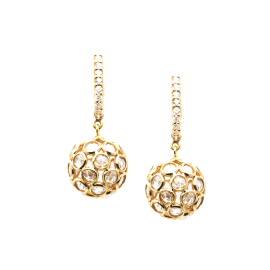 Rose Cut Diamond Sphere Ball Earring on a Diamond Huggies In 18K Yellow Gold