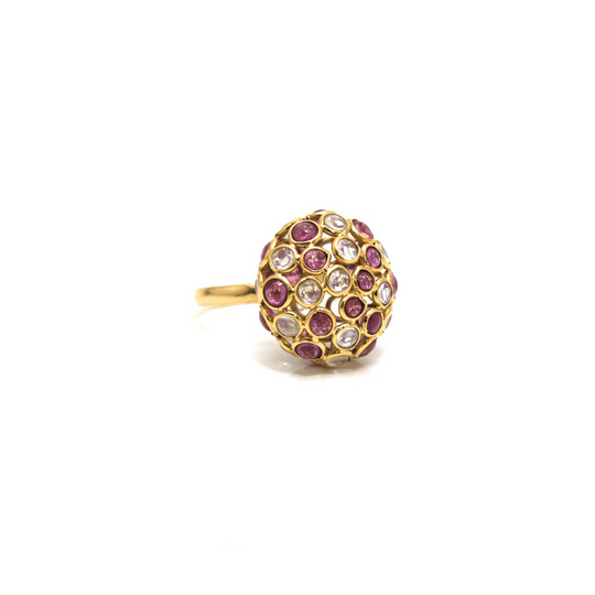 Rainbow Moonstone & Pink Tourmaline Ring In 18K Yellow Gold