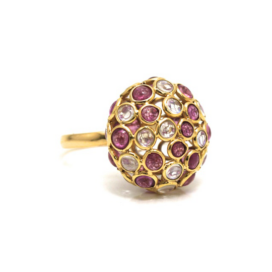 Tresor Collection - Rainbow Moonstone & Pink Tourmaline Ring In 18K Yellow Gold