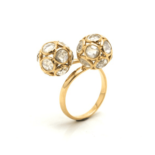Tresor Collection - Origami Sphere Balls Rainbow Moonstone Ring In 18k Yellow Gold