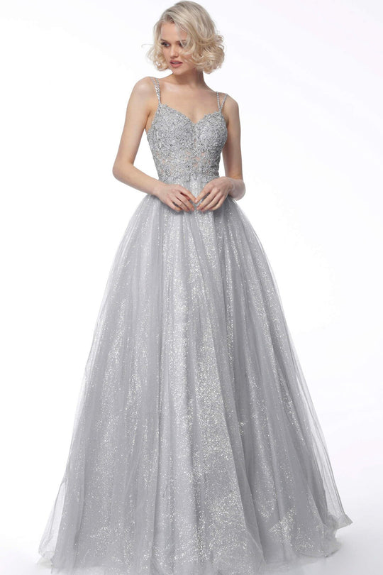 Jovani - 67051 Beaded Lace Bodice Glitter Tulle Ballgown In Silver