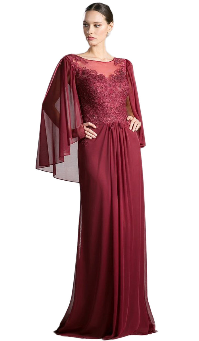 Beaded Lace Sheath Dress With Sheer Cape