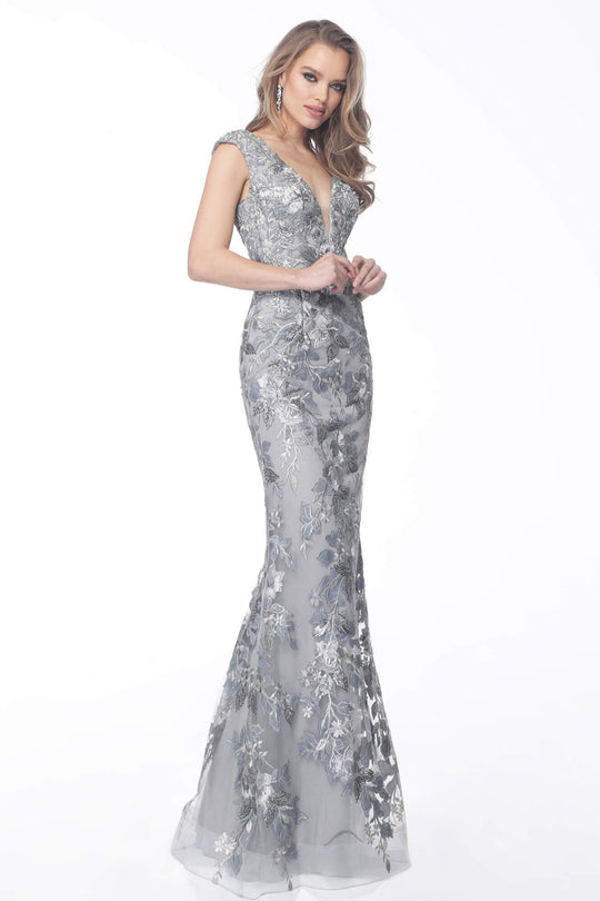 Jovani - 68064 Cap Sleeves Embellished Long Sheath Dress In Gray