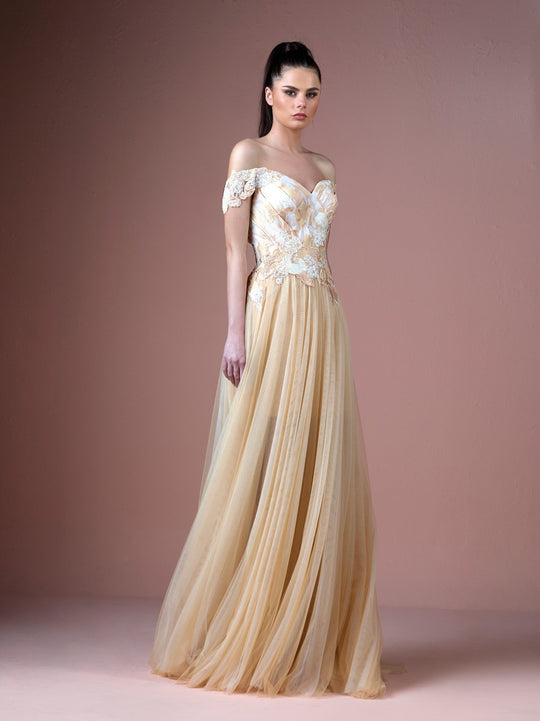 Gatti Nolli Couture - OP-4667 Pleated Off-Shoulder A-Line Dress In Gold