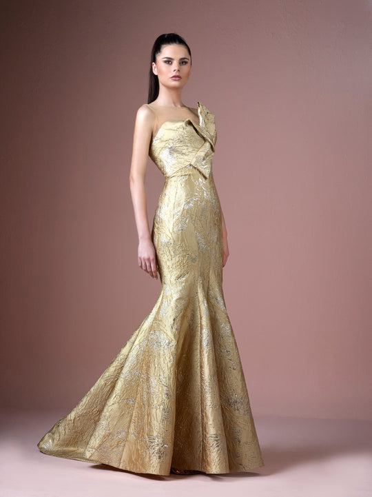 Gatti Nolli Couture - OP-4673 Wrap Detailed Sheer Bateau Mermaid Gown In Gold
