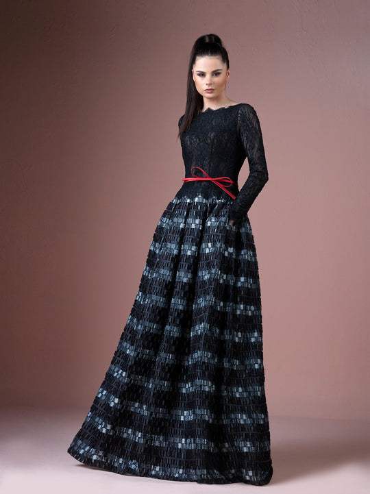 Gatti Nolli Couture - OP-4677 Long Sleeve Lace Bateau A-line Gown In Black