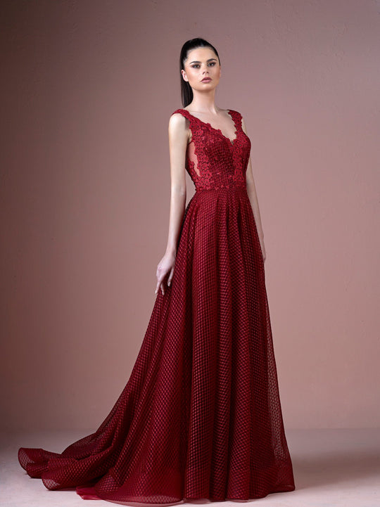 Gatti Nolli Couture - OP-4680 Floral Applique V-neck A-line Gown In Red