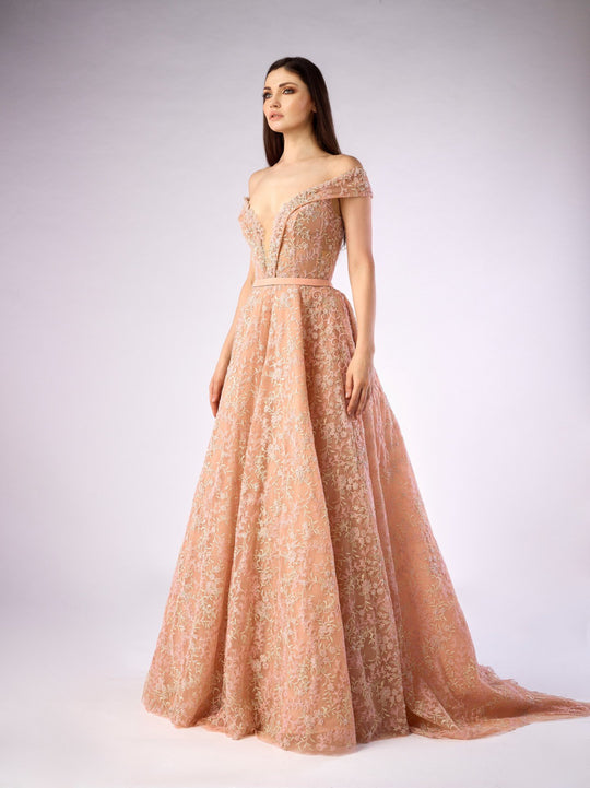Gatti Nolli Couture - OP-4749 Lace Deep Off-Shoulder Ballgown In Pink