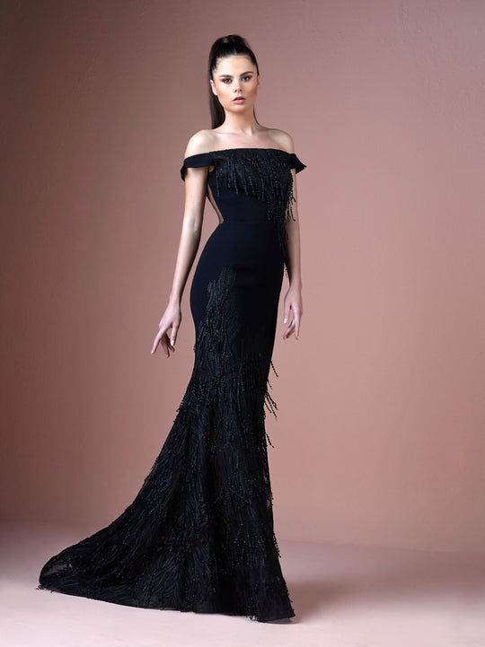 Gatti Nolli Couture - OP-4772 Fringe Off-Shoulder Trumpet Dress In Black