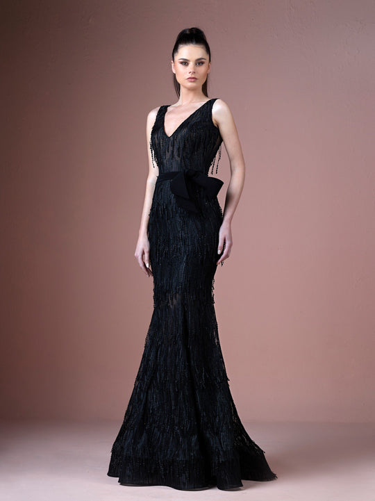 Gatti Nolli Couture - OP-4778 Fringe V-neck Trumpet Dress In Black