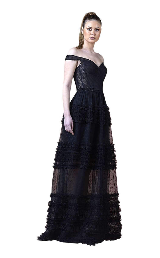 Gatti Nolli Couture - OP-4781 Off-shoulder Ruffled A-line Dress In Black