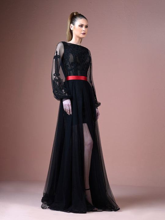 Gatti Nolli Couture - OP-4679 Long Sleeve Embroidered A-line Dress In Black