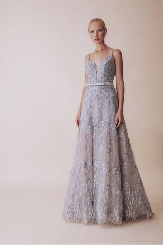 Gatti Nolli Couture - OP-4899 Beaded Floral Fringe Accent A-Line Gown In Purple