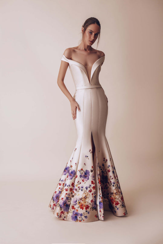 Gatti Nolli Couture - OP-4911 Plunging Front Slit Floral Mermaid Gown In Pink and Multi-Color