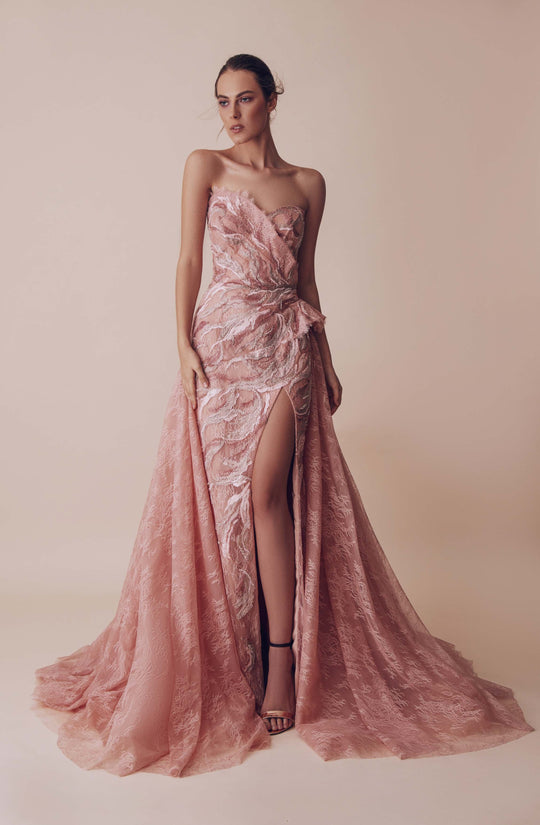 Gatti Nolli Couture - OP-4913 Appliqued Lace Overskirt Strapless Gown In Pink