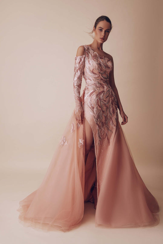 Gatti Nolli Couture - OP-4914 Adorned Lace Asymmetrical Overskirt Gown In Pink