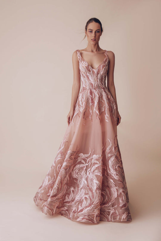 Gatti Nolli Couture - OP-4915 Embroider-Detailed Plunging V-Neck Gown In Pink