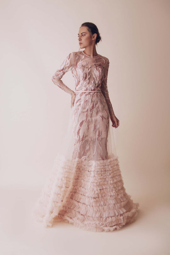 Gatti Nolli Couture - OP-4916 Embellished Illusion Ruffled Gown In Pink and Yellow