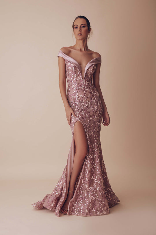 Gatti Nolli Couture - OP-4946 Embroidered Off-Shoulder Mermaid Gown In Pink