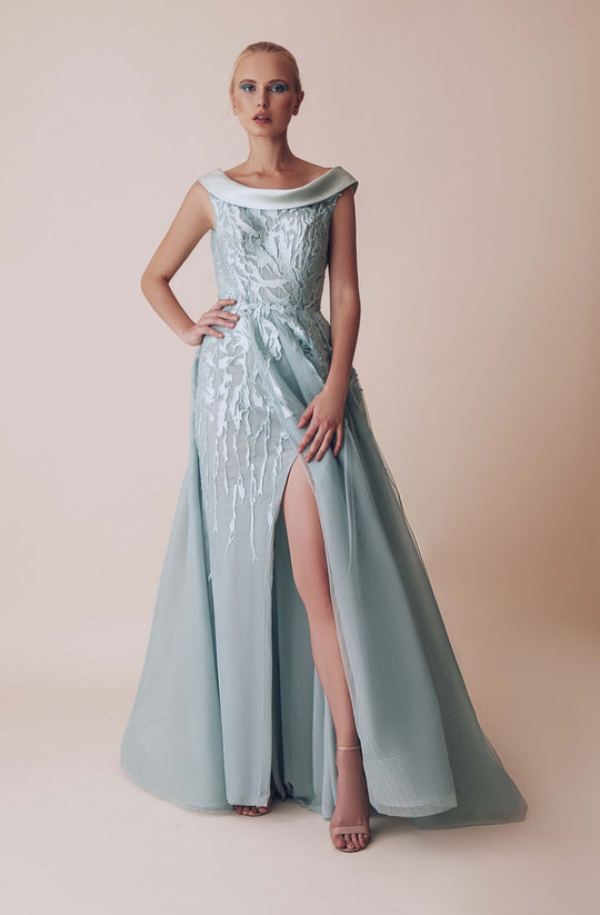 Gatti Nolli Couture - OP-4950 Embroidered A-Line Gown with Slit In Green
