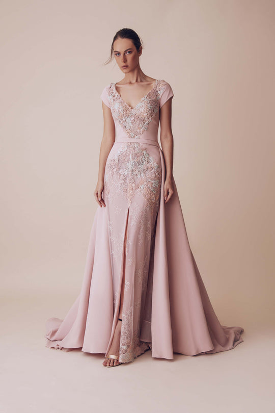Gatti Nolli Couture - OP-4952 Appliqued V-Neck Gown with Overskirt In Pink
