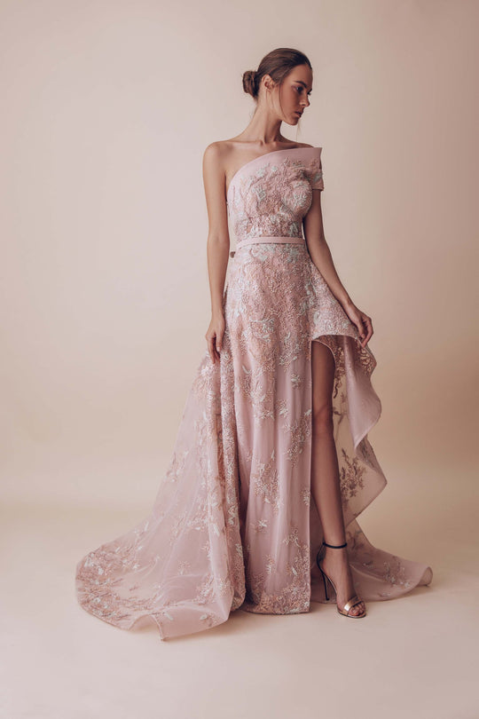 Gatti Nolli Couture - OP-4953 Floral Applique Asymmetric Dress In Pink