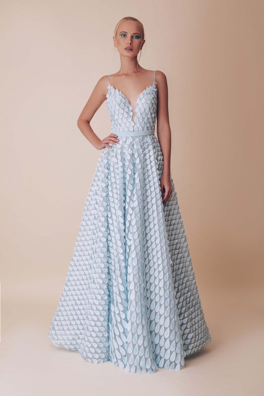 Gatti Nolli Couture - OP-4955 Applique Deep V-neck A-line Dress In Blue and White