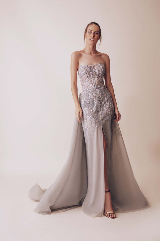 Gatti Nolli Couture - OP-4961 Floral Embroidered Semi-Sweetheart Gown In Silver and Purple