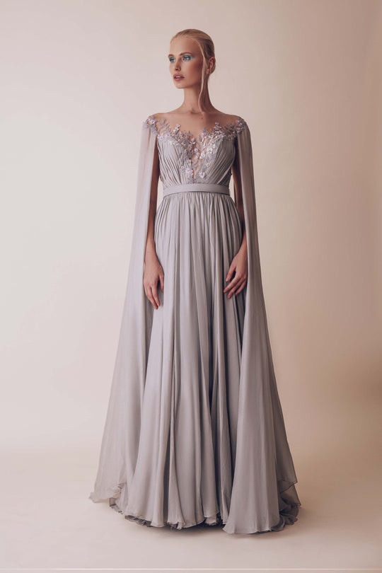 Gatti Nolli Couture - OP-4963 Embroidered Illusion Bateau A-line Gown In Silver and Purple