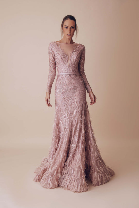 Gatti Nolli Couture - OP-4964 Bedazzled Illusion Bateau Trumpet Dress In Pink and Silver