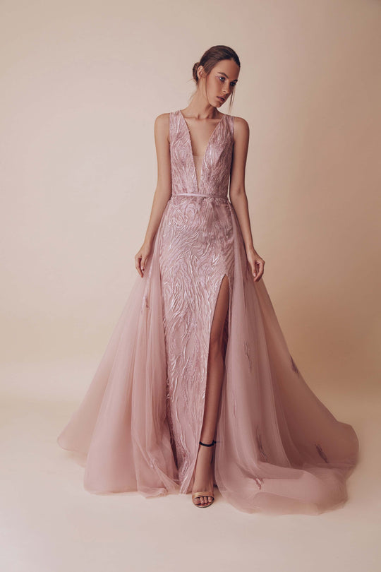 Gatti Nolli Couture - OP-4965 Embellished Deep V-neck A-line Dress In Pink and Silver