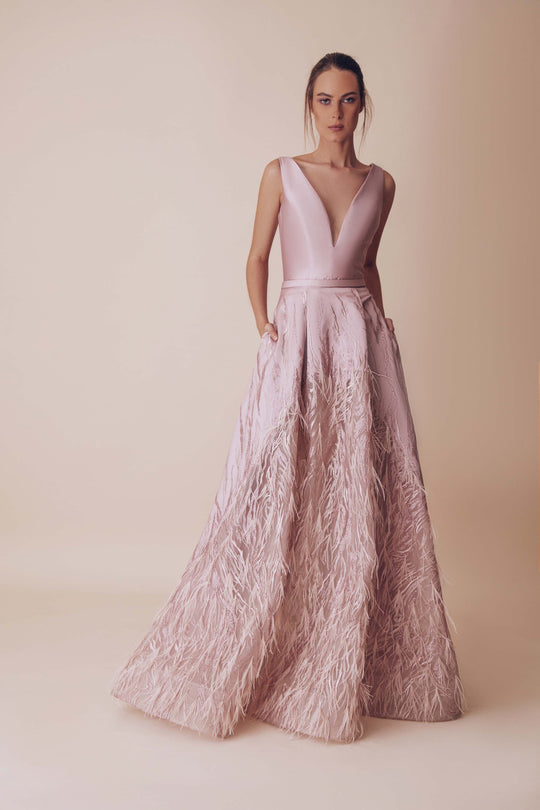 Gatti Nolli Couture - OP-4966 Embellished Deep V-neck A-line Gown In Pink and Silver