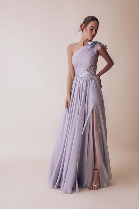 Gatti Nolli Couture - OP-4981 Embellished One Shoulder A-line Gown In Purple and Silver