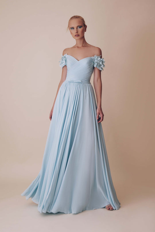 Gatti Nolli Couture - OP-4983 Applique Off-Shoulder A-line Gown In Blue